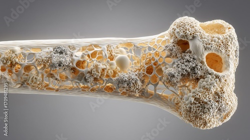 World Osteoporosis Day. Cutaway illustration of human femur bone showing osteoporosis progression, realistic medical textures, scientific style