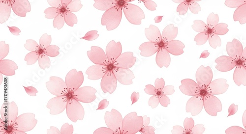 Watercolor Cherry Blossom Pattern on White Background.