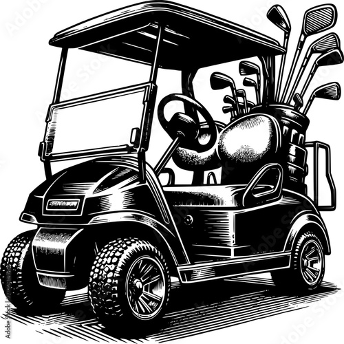 Golf Cart with Clubs: A detailed illustration captures a golf cart filled with golf clubs, ready for a game, highlighting the elements of leisure and recreation.