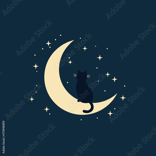 A black cat sitting calmly on a glowing crescent moon surrounded by night stars.