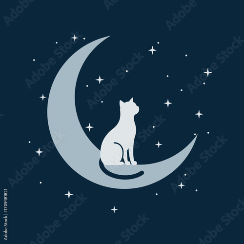 A white cat sitting calmly on a glowing crescent moon surrounded by night stars.