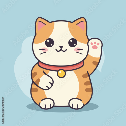 A waving lucky cat figurine raising its paw to bring happiness, fortune, and prosperity.