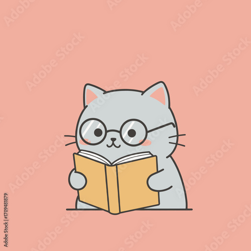 A fluffy cat wearing glasses holding a book, looking intelligent and adorable.
