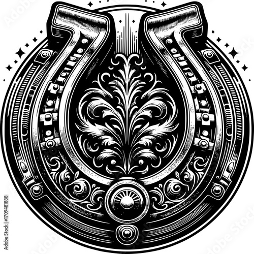 Lucky Horseshoe Engraving: A detailed engraving showcasing a lucky horseshoe, a symbol of good fortune, adorned with intricate floral patterns, perfect for adding a touch of elegance and charm.