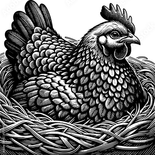 Incubating Hen in Nest: A detailed engraving showcases a hen nestled in a woven nest, embodying the essence of nurturing, life, and the tranquility of rural existence.
