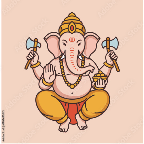 A traditional illustration of Ganesha god meditating calmly in divine balance.