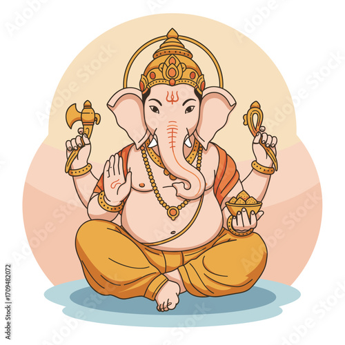 A traditional illustration of Ganesha god meditating calmly in divine balance.