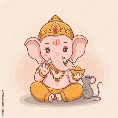 A traditional illustration of Ganesha god meditating calmly in divine balance.