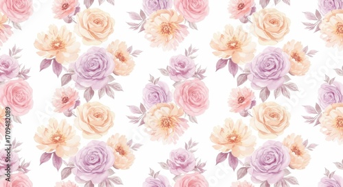 Watercolor Floral Pattern: Roses Peonies and Leaves on White.