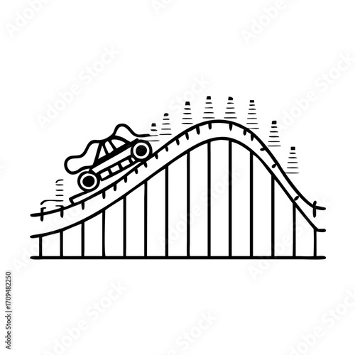 Thrilling roller coaster ride 2D line object. Amusement theme park attraction steep drop. Rail rollercoaster train reaching peak isolated clipart vector ink outline item. Monochrome spot illustration 