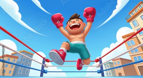 Excited cartoon boxer with red gloves and green shorts jumping in a boxing ring with buildings in the background under a blue sky with clouds