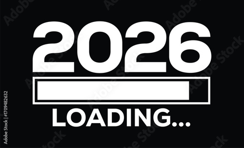Minimalist black and white design featuring bold "2025" with a progress bar and "LOADING..." text. Modern, clean layout on white background, symbolizing new year progress and anticipation.