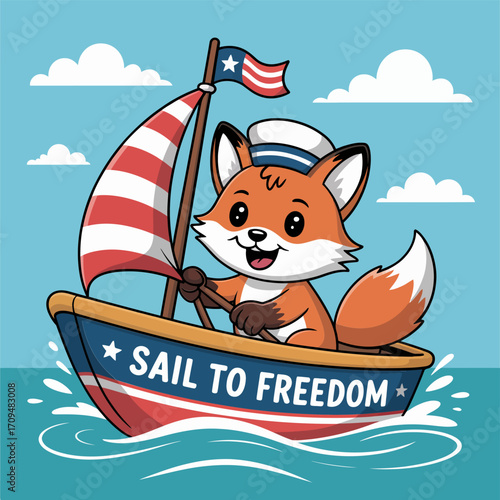 Sail to freedom fox vector illustration, patriotic boat cartoon design, festive independence holiday art, cheerful celebration graphics, liberty themed elements