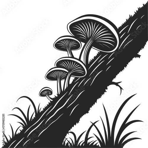 Group of mushrooms growing on a log silhouette isolated on white background