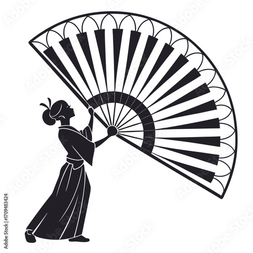 Geisha holding a large decorative fan silhouette isolated on white background