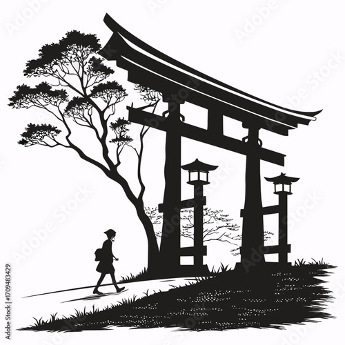 Japanese torii gate with tree and person silhouette isolated on white background