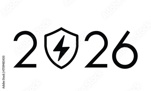 Minimalist black and white design featuring bold "2026" numerals with a stylized security between "20" and "26". Clean, modern, symmetrical composition ideal for future or new year themes.