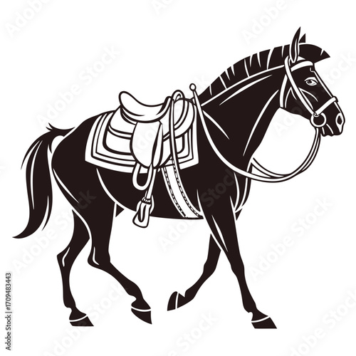 Black horse with saddle silhouette isolated on white background