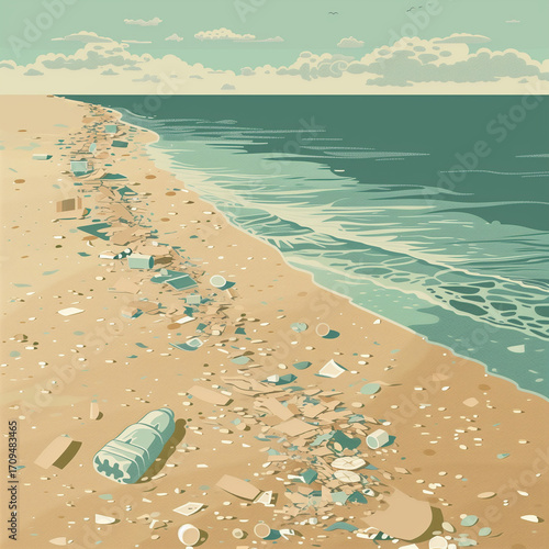 An illustrative depiction of a beautiful ocean beach contaminated with plastic bottles and trash