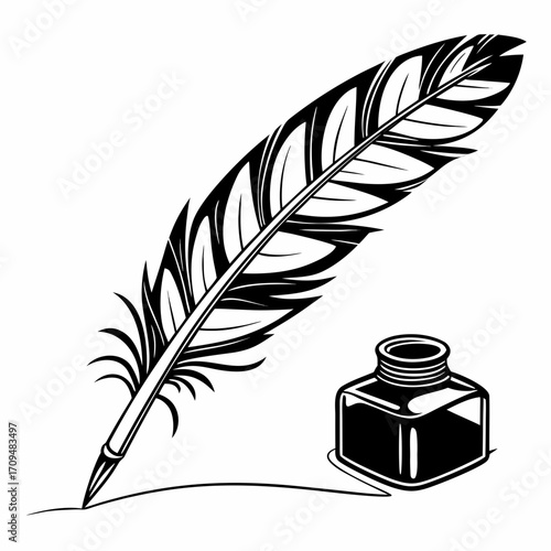 Feather quill and inkwell silhouette isolated on white background