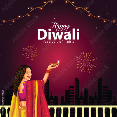 Indian festival of lights Happy Diwali, holiday Background, Diwali celebration greeting card, abstract vector illustration design.