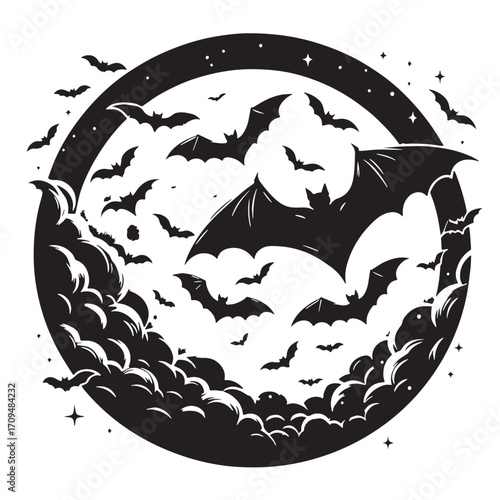 Black Full Moon with Bats Silhouette Vector Illustration design, Solid White Background