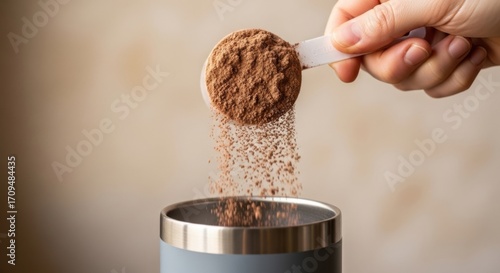 Hand holding scoop of chocolate protein powder being poured into a metal shaker bottle for a healthy drink