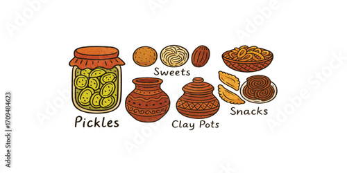 Print   Bengali Handmade Foods Vector Illustration – Colorful Hand-Drawn Pickles, Sweets, Clay Pots, and Snacks on White Background
