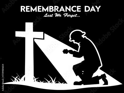 Prayer-like silhouette kneeling at a white cross grave. Cross bears a red poppy. The background is black, with a focused light highlighting the cross and the figure’s knees. White, serif vintage-style