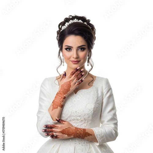 A beautiful woman in a wedding dress with henna on her hands on white or transparent background