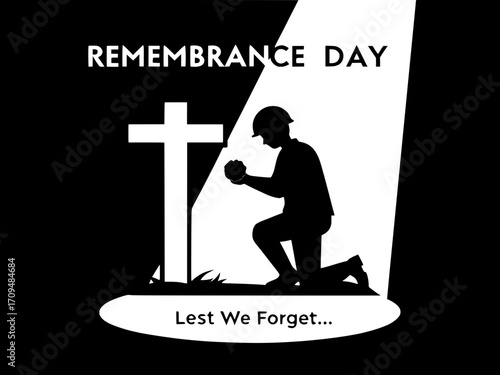 Prayer-like silhouette kneeling at a white cross grave. Cross bears a red poppy. The background is black, with a focused light highlighting the cross and the figure’s knees. White, serif vintage-style
