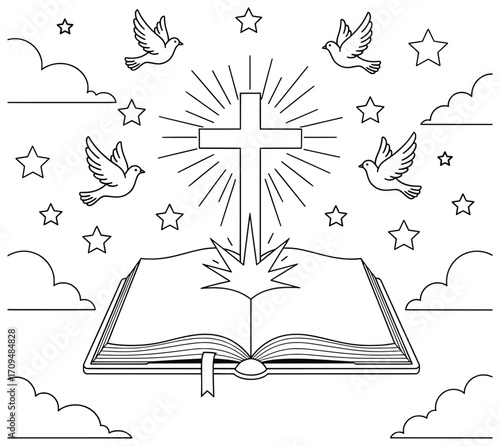Cross vector illustration featuring a glowing holy symbol rising from an open Bible with radiant light surrounded by flying doves clouds and shining stars