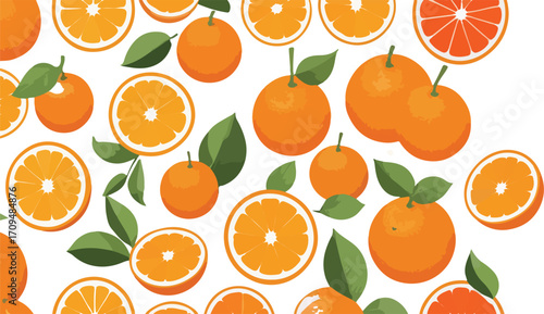 Fresh, juicy oranges with vibrant green leaves scattered on a white background, perfect for refreshing drinks, healthy eating, and promoting vitamin C intake