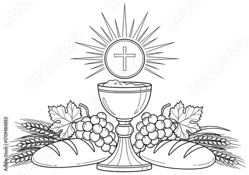 Communion vector illustration featuring chalice bread grapes wheat and radiant host with cross symbol representing holy sacrament in minimal religious line art