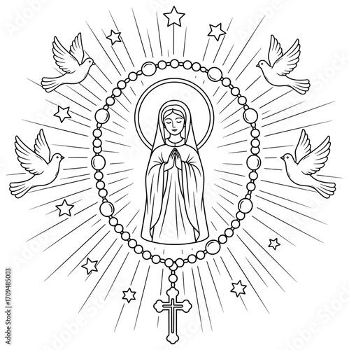 Mary vector illustration featuring Virgin figure with halo praying inside a rosary frame with radiant beams flying doves and stars in minimal religious line art