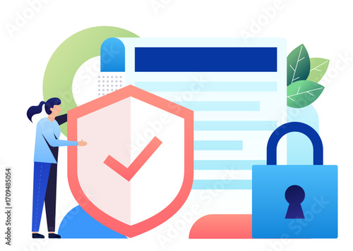 Customer services vector graphics A shield with a checkmark icon, over a screen displaying text, with a blue and pink color scheme