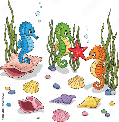 Playful Seahorses in Isometric Underwater Scene