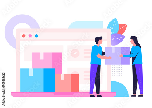 Customer services vector graphics  A person handing over a package, with colorful bar charts and abstract elements in the background