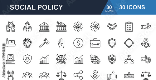 Social policy icons, governance symbols, law graphics, healthcare elements, community support, planning tools, justice vector, black and white line set