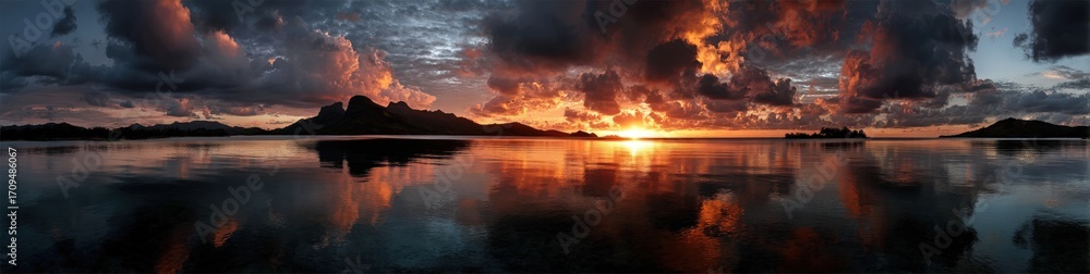 Obraz premium The sun sets over a tranquil lake surrounded by mountains