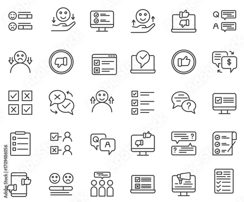 Line icons about survey. Contains such icons as poll, data analysis, customers loyalty, feedback, and rating. Editable stroke. 
