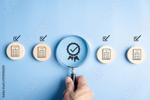 Certificate document form survey with checklist icons and approval mark, certification process, financial compliance, business standards, quality assurance, and successful audit.