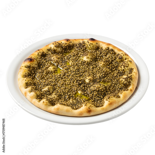 Manakish on a white plate viewed overhead features sesame seeds  zaatar topping on a round doughy base on white or transparent background
