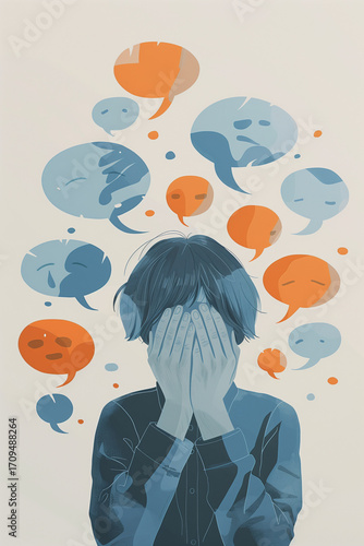 A conceptual illustration of a young person covering their face, surrounded by negative speech bubbles representing bullying and social anxiety