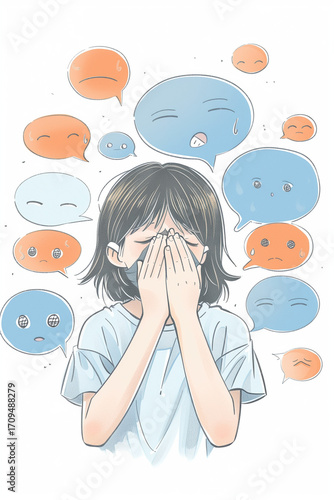 Illustration of a sad girl crying from hurtful words and online harassment, feeling isolated and needing help from behind a digital screen
