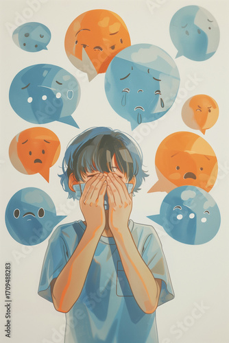 A young person covers their face in despair, surrounded by speech bubbles symbolizing social pressure and cyberbullying