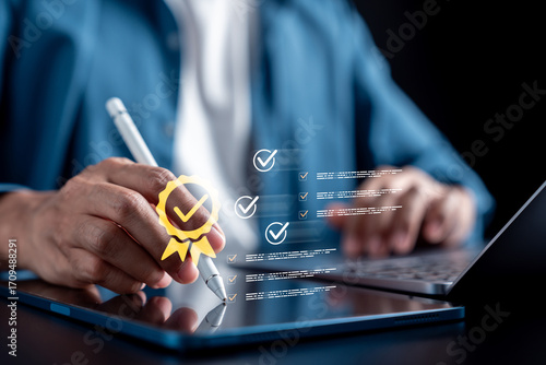 Digital form document check with approval and certificate badge on tablet, compliance verification, checklist validation, audit process, and business workflow in corporate management.