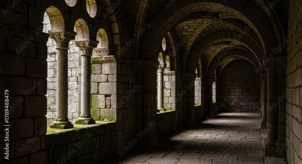 Fototapeta premium Ancient stone cloister walkway with arched windows and columns
