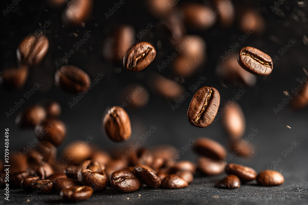 Fototapeta premium Coffee beans falling in mid-air against a dark background
