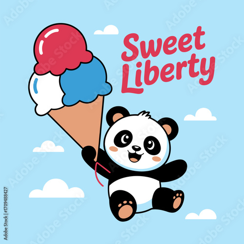 Sweet liberty panda vector illustration, patriotic ice cream cartoon design, cheerful independence celebration art, festive holiday graphics, freedom themed elements